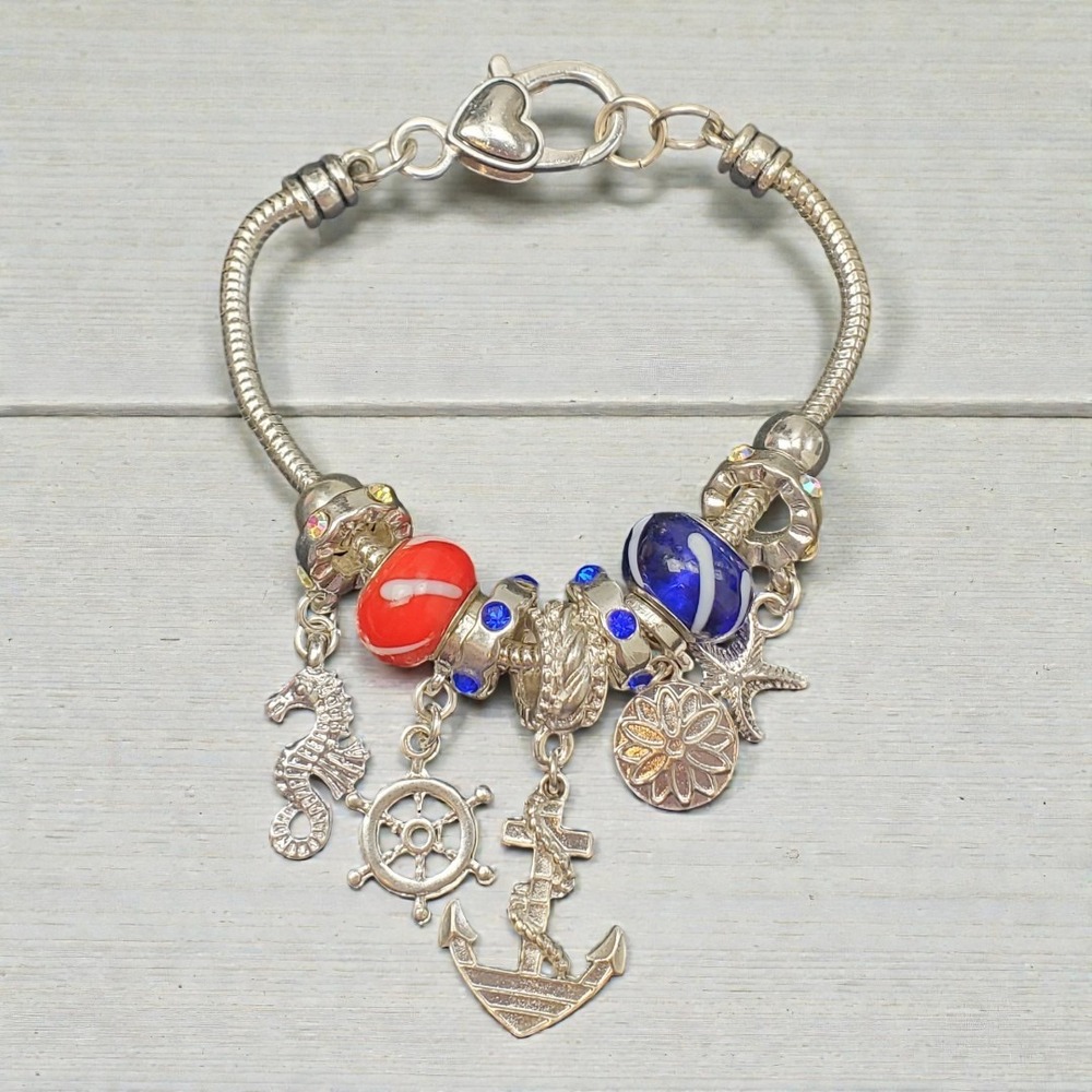 Kim Rogers‎ Nautical Charm Bracelet Silver Tone with Murano Style Beads